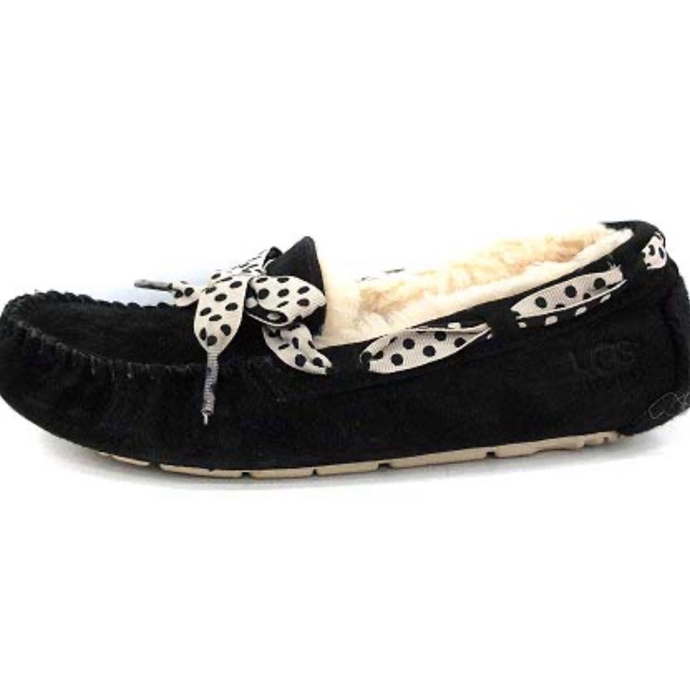 UGG DAKOTA BLACK WHITE‎ POLKA DOT SUEDE SHEEPSKIN LINED SLIPPERS Sz 6 EUC